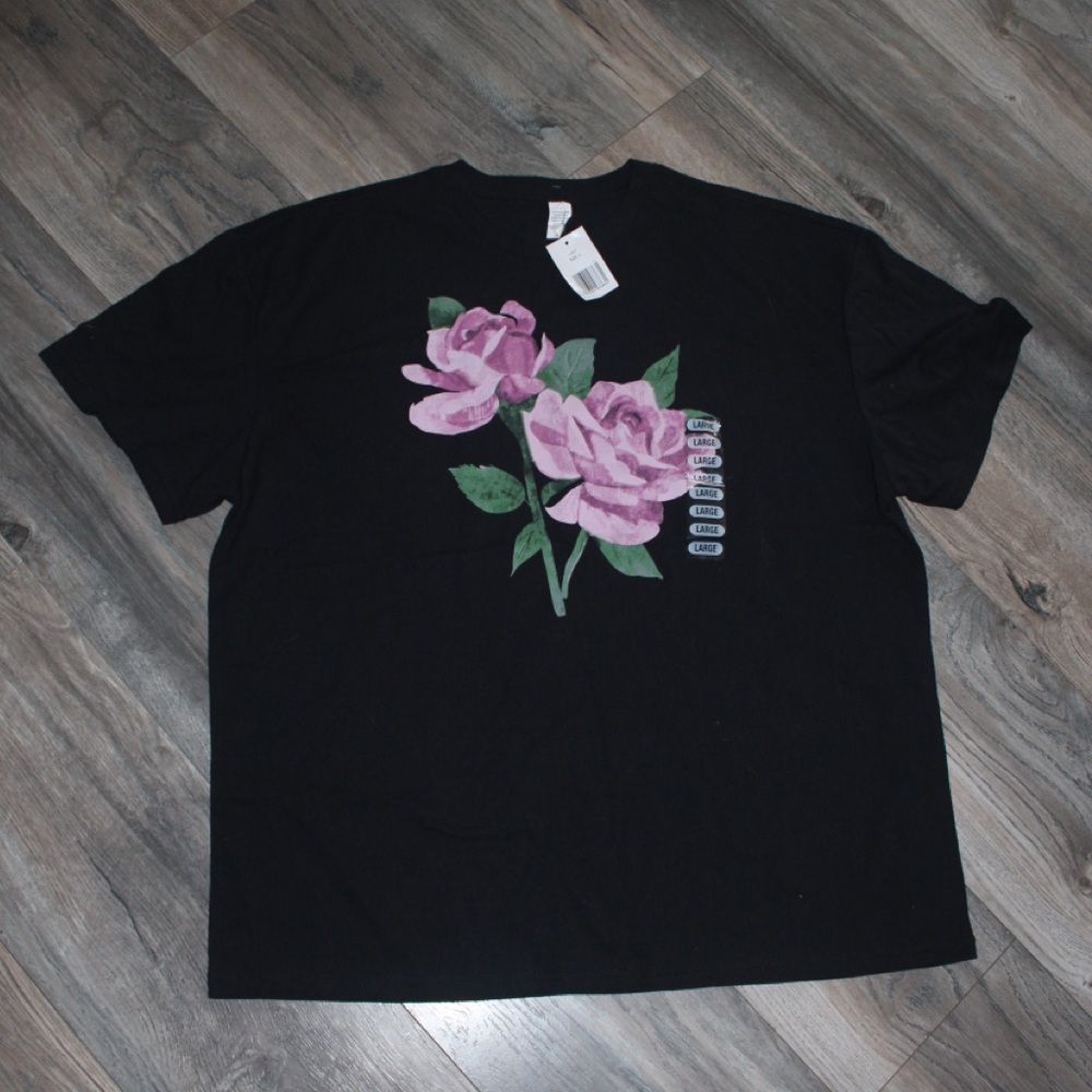 Black T-Shirt with Pink Rose Design